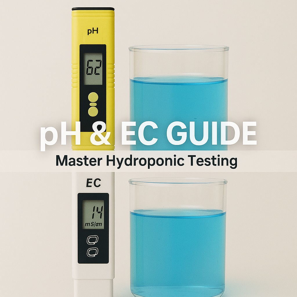 Square educational image showing pH and EC meters with nutrient solutions and title pH EC Guide Master Hydroponic Testing