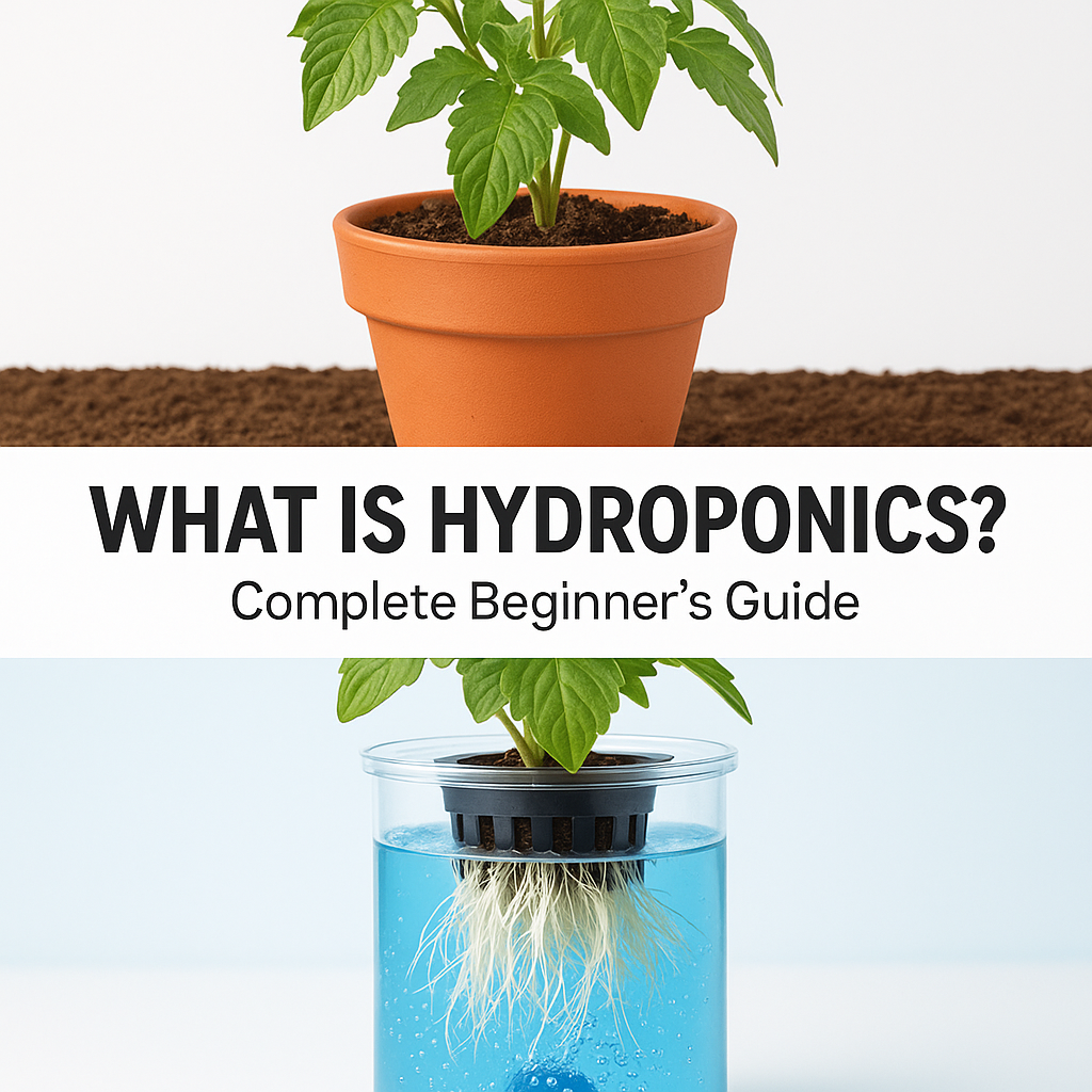 Square comparison image showing traditional soil gardening vs modern hydroponic system with title "What is Hydroponics Complete Beginner's Guide"