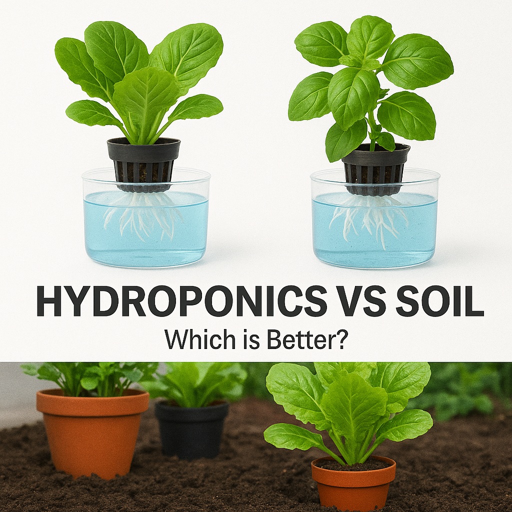Square comparison image showing hydroponic plants with nutrient solution above and traditional soil garden below with title Hydroponics vs Soil Which is Better