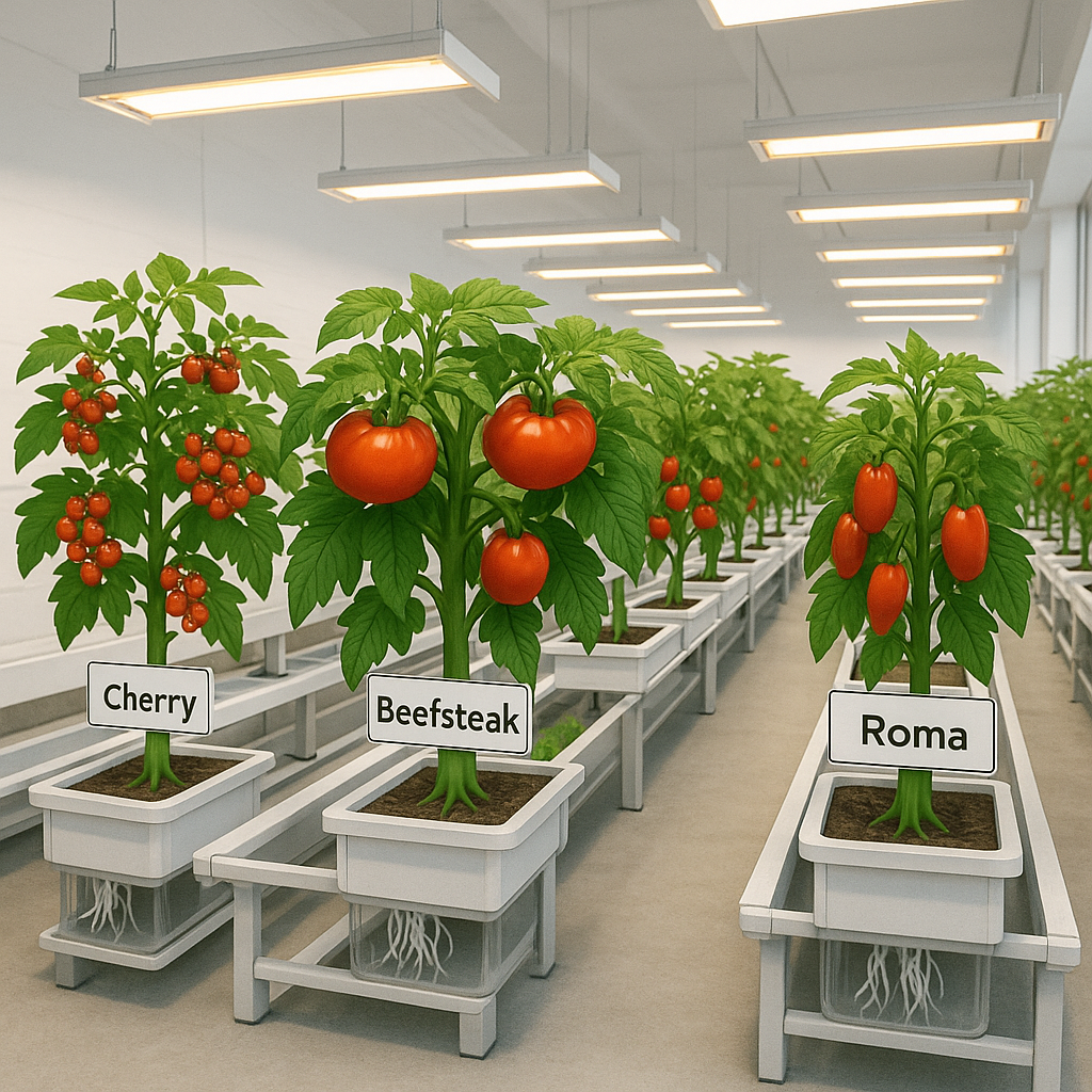 Various hydroponic tomatoes varieties including cherry, beefsteak and roma tomatoes growing in organized soilless system with clear root chambers