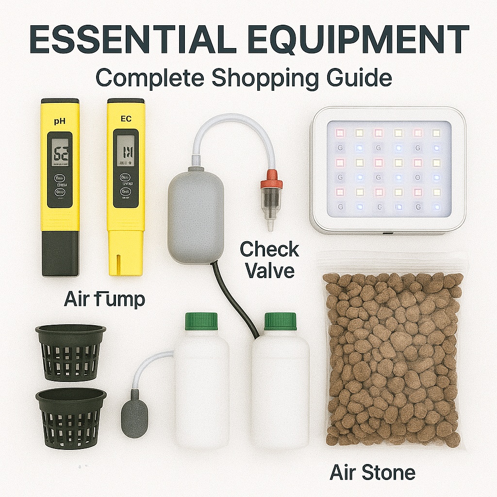 Square shopping guide image showing essential hydroponic equipment including pH meter EC meter air pump LED light nutrients and growing supplies with title Essential Equipment Complete Shopping Guide
