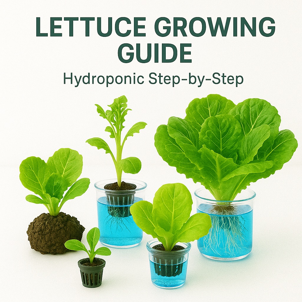 Square hydroponic lettuce growing guide image showing fresh lettuce plants with healthy roots in nutrient solution with title Lettuce Growing Guide Hydroponic Step-by-Step