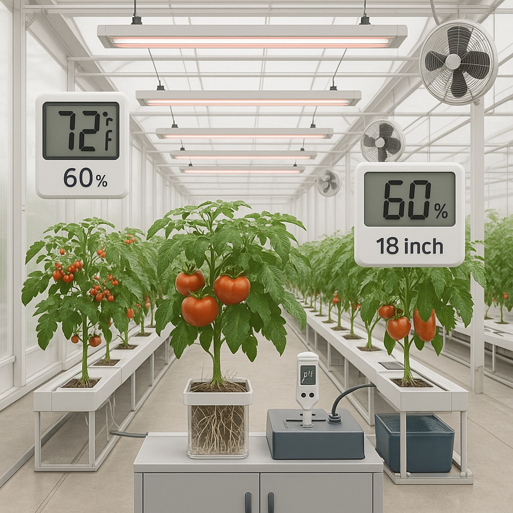 Aeroponic hydroponic tomato system showing suspended roots in air with nutrient misting nozzles and healthy root development